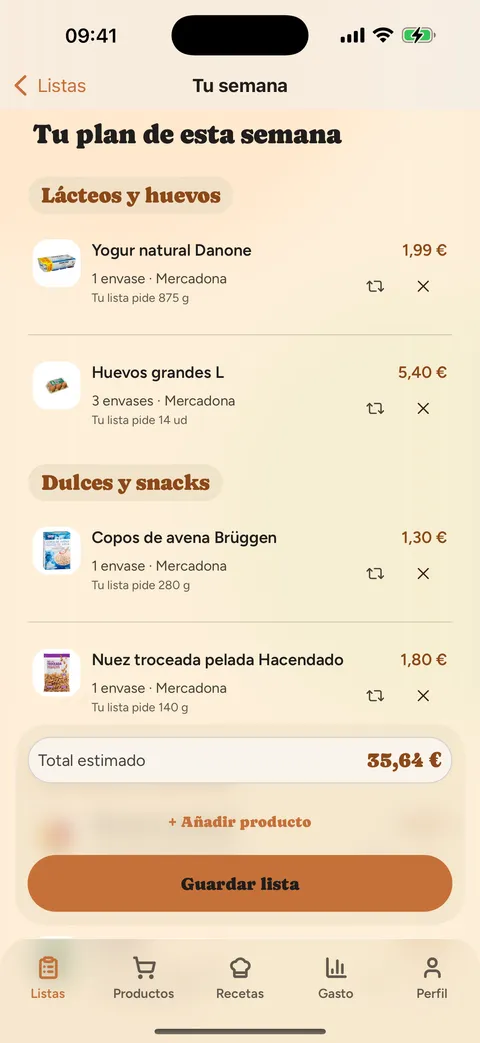 Captura de CestIA: una dieta convertida en la lista de la compra con productos y precios.