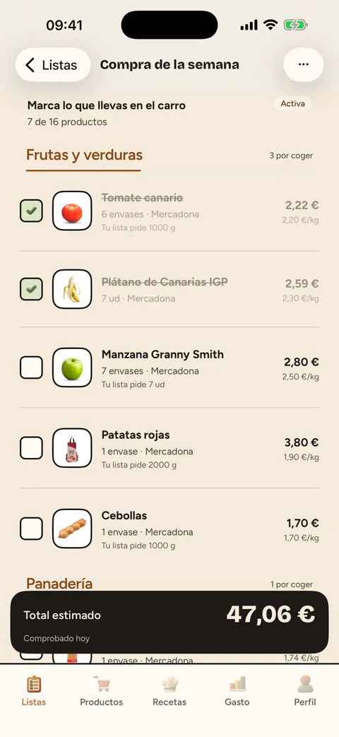Captura de CestIA: la lista de la compra en el súper, con el producto, los envases y el precio de cada línea.